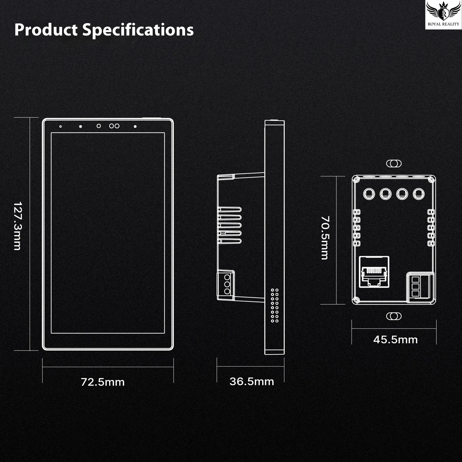 Technical drawing of a product with dimensions on a black background