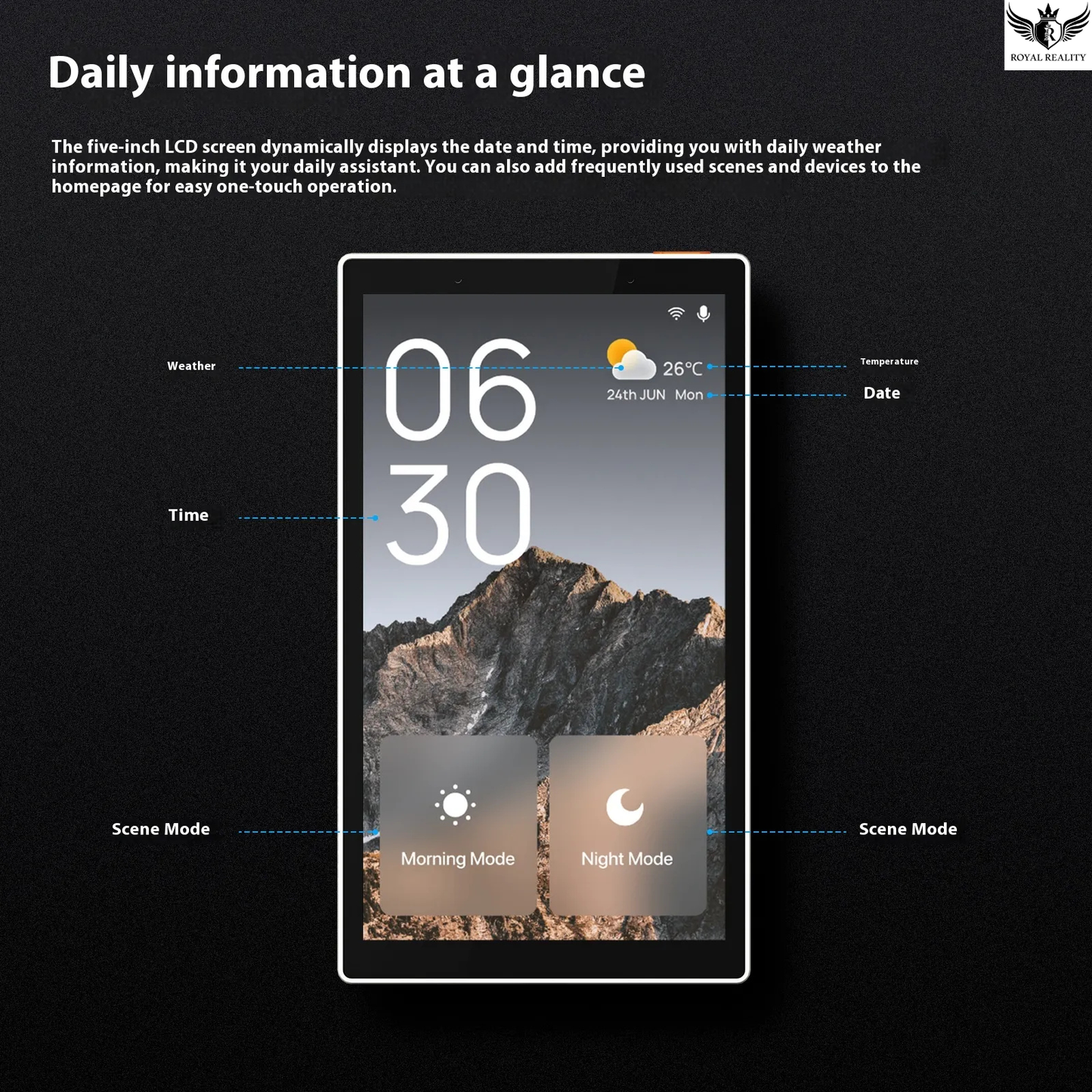 Smart device with a display showing time, weather, and scene modes on a black background.