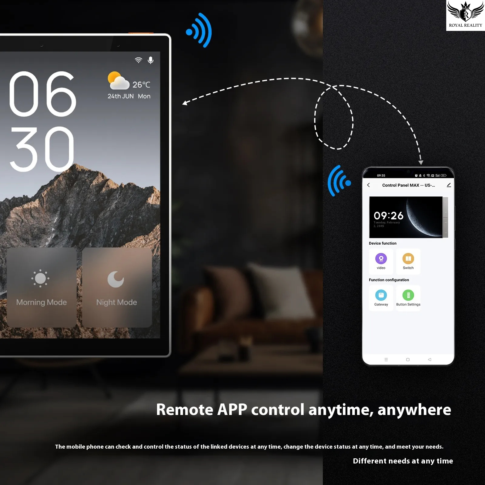 Smart device interface with mountain view and app control on smartphone, featuring text 'Remote APP control anytime, anywhere'.