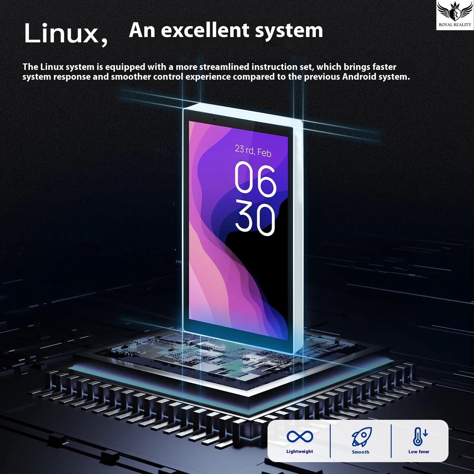 Smartphone on a computer chip with text about Linux system advantages