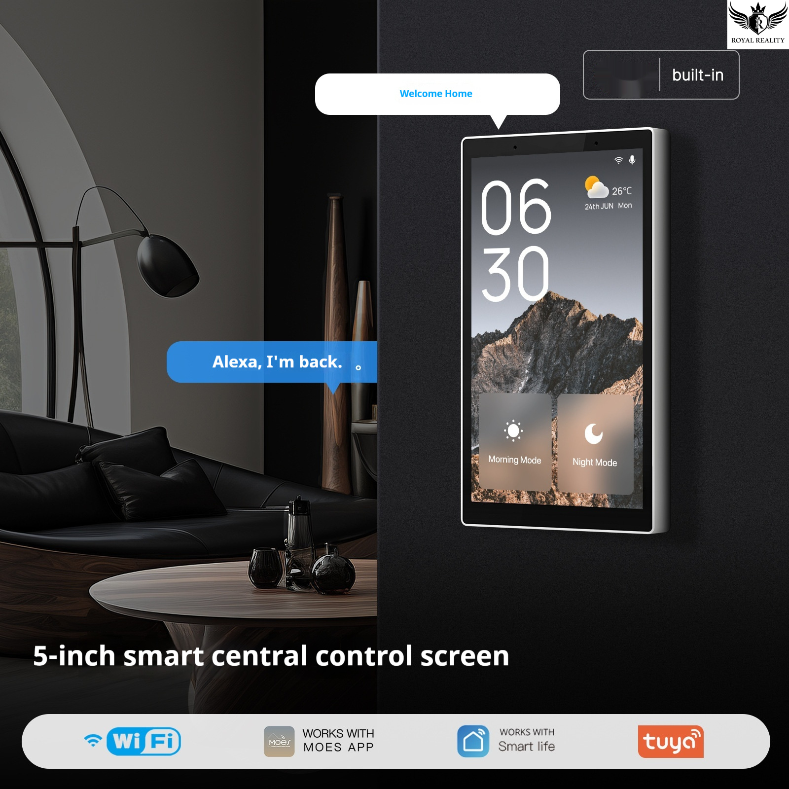 5-inch smart central control screen with Alexa integration in a modern living room setting.