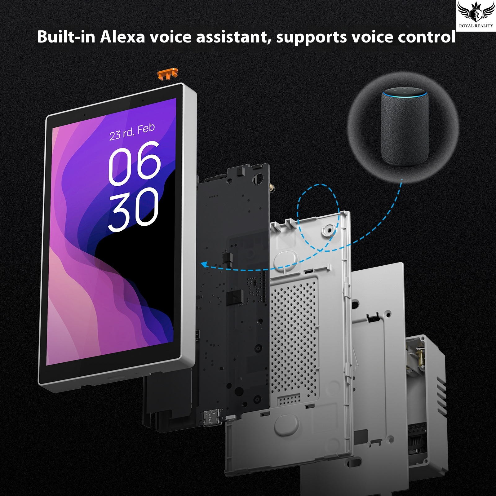 Smart display with Alexa voice assistant feature on a black background