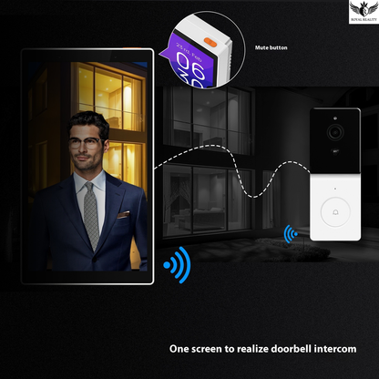Smart doorbell intercom system with a man in a suit and a screen displaying a door.