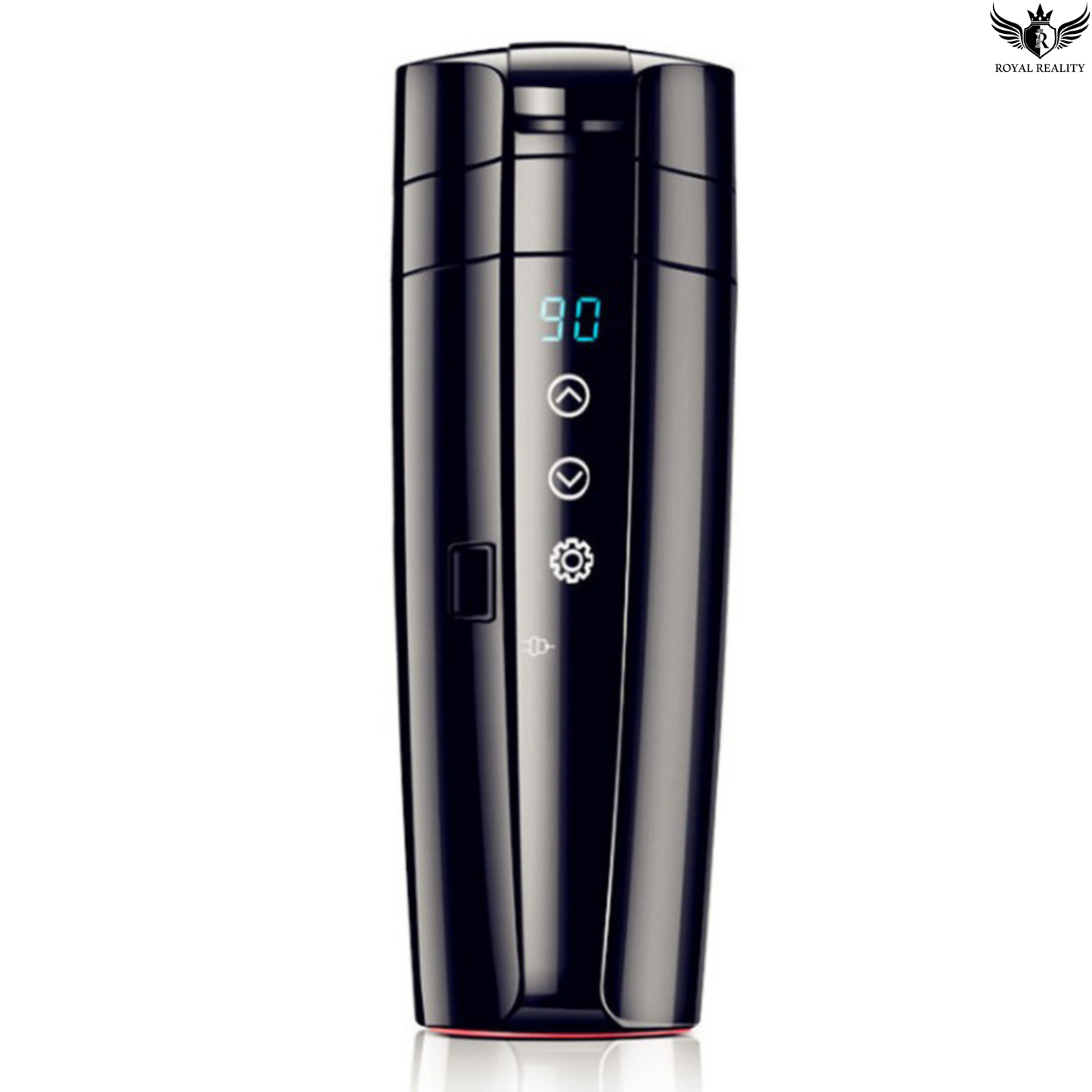 Black electronic device with digital display on a white background