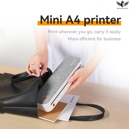 Mini A4 printer being used with text highlighting its portability and efficiency.