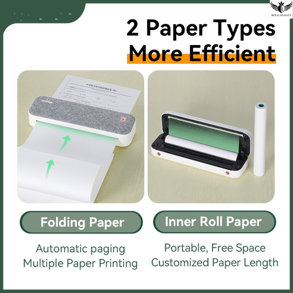 Paper printing device with folding paper and inner roll paper options on a green background.