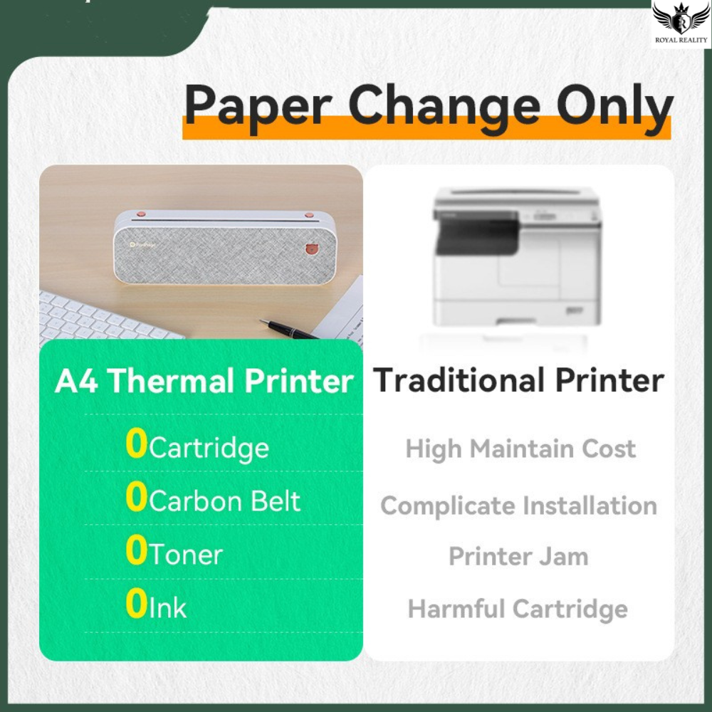 Comparison of A4 thermal printer and traditional printer with features listed.