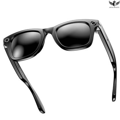 Black sunglasses with reflective lenses on a white background