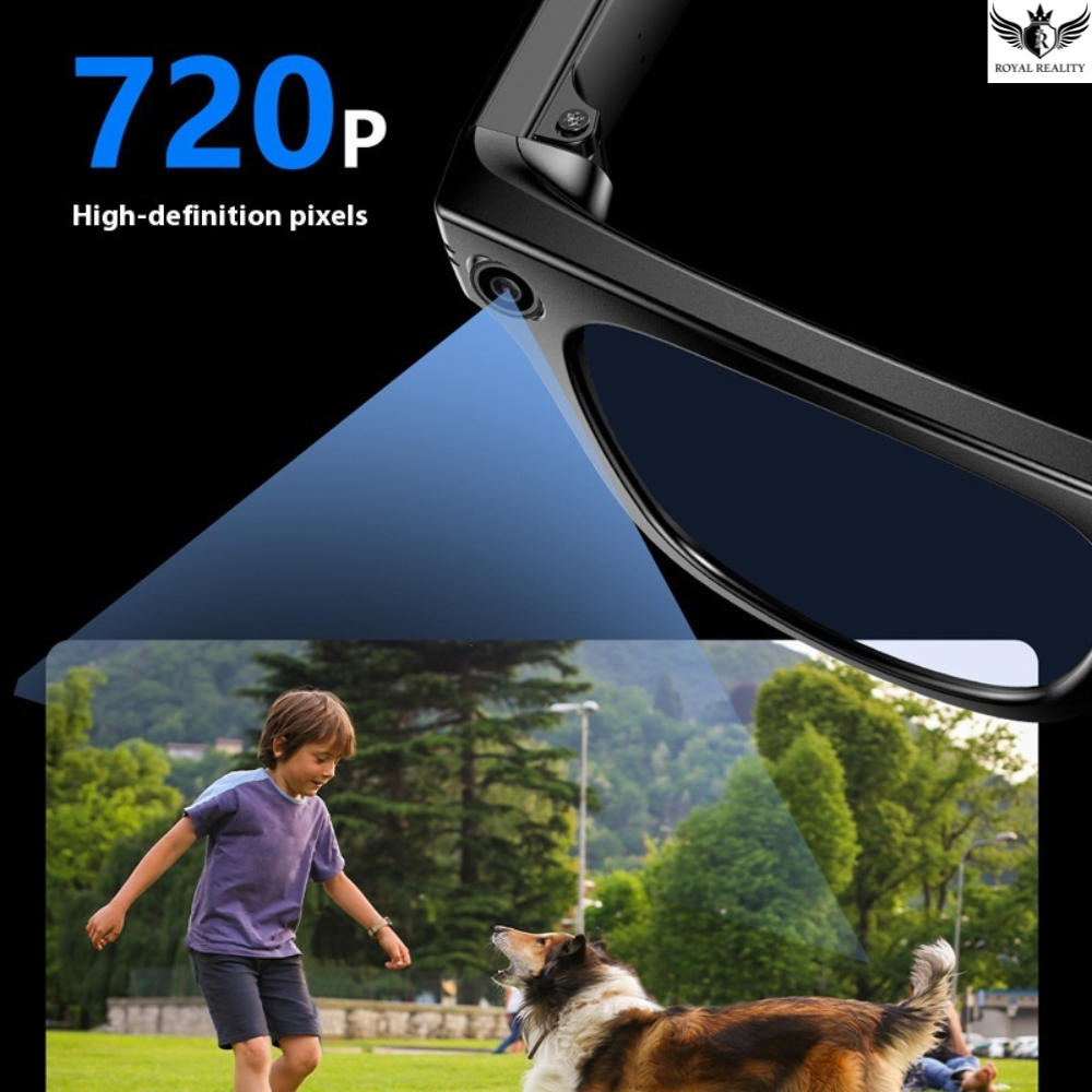 Sunglasses with a camera lens, showing a child and dog in a park scene.