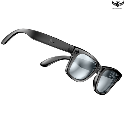 Black augmented reality glasses on a white background with 'Royal Reality' branding.