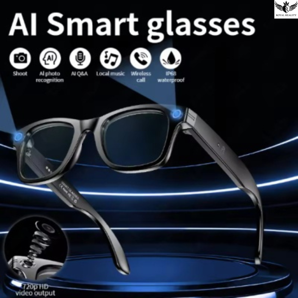 AI Smart glasses with features listed on a dark background