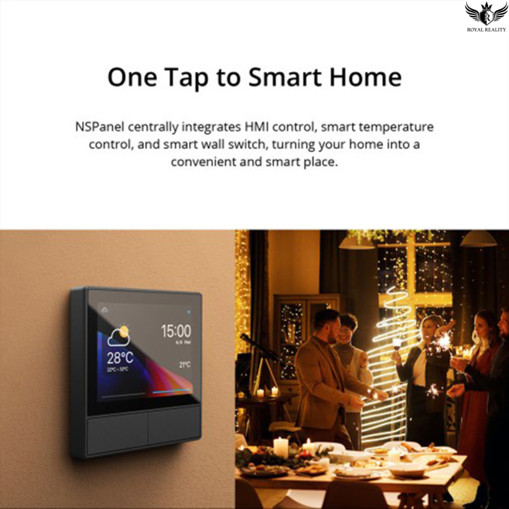 Smart home control panel with people celebrating in the background
