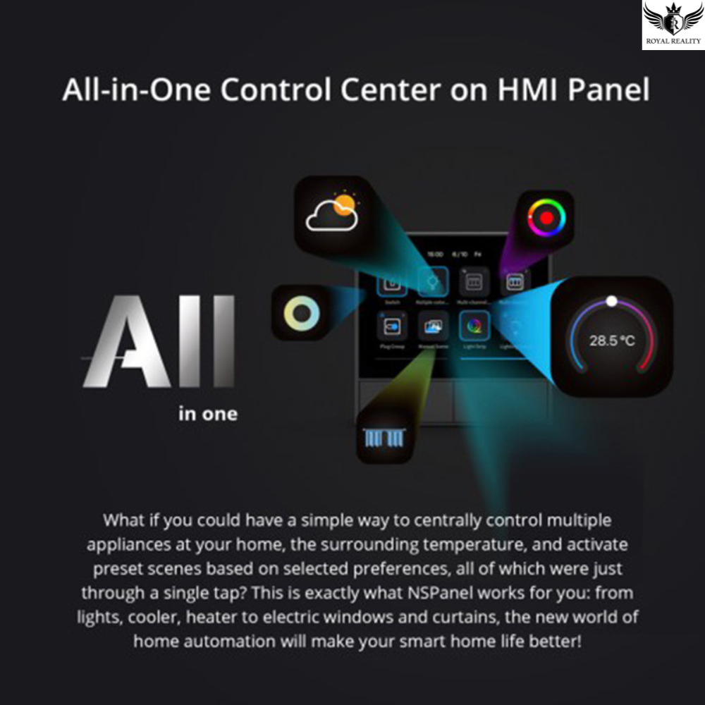 HMI panel with various control icons and temperature display on a black background