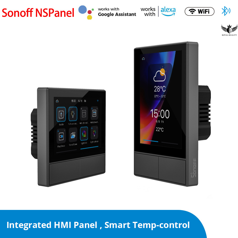 Two Sonoff NSPanel smart devices with digital displays on a white background
