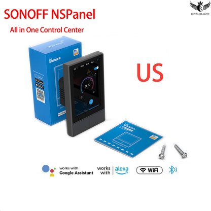 SONOFF NSPanel control center with packaging, user manual, and screws on a white background
