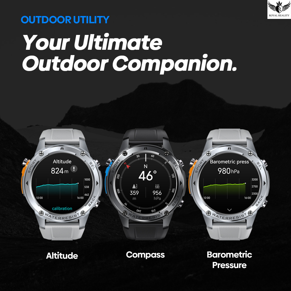 Three smartwatches with outdoor utility features on a dark background
