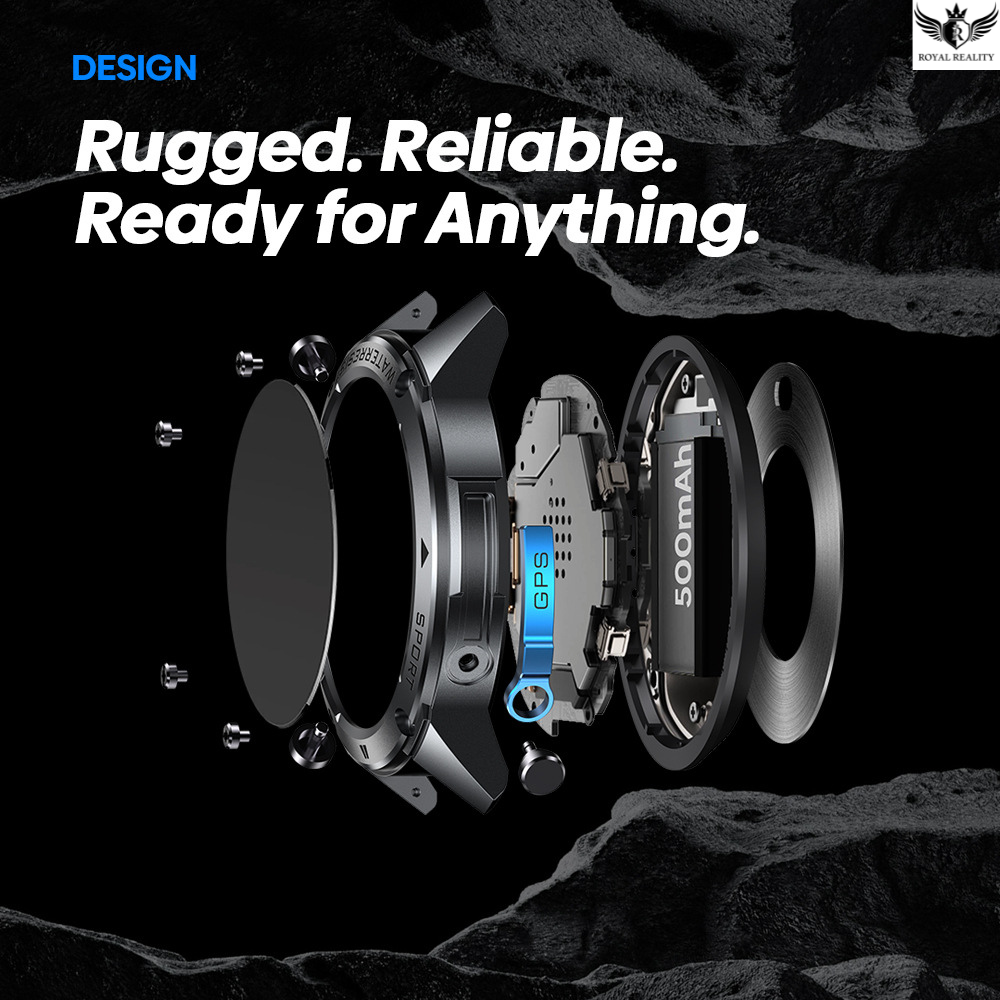 Technical diagram of a device with text 'Rugged. Reliable. Ready for Anything.' on a dark background.