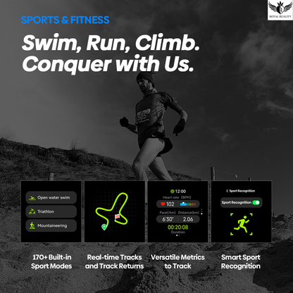 Person running on a hill with fitness app interface overlay, featuring text 'Swim, Run, Climb. Conquer with Us.'
