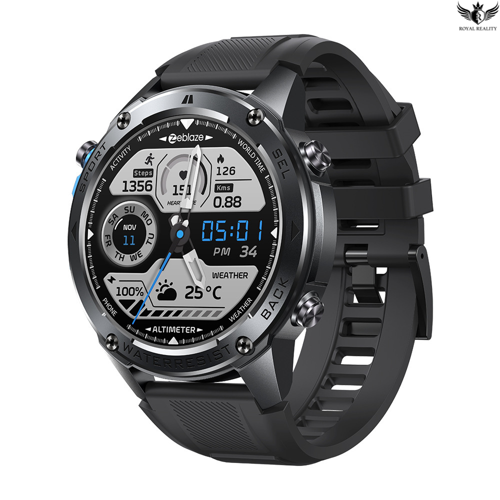 Black smartwatch with digital display on a white background