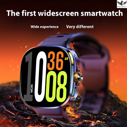 Smartwatch with a large display on a fiery background, labeled as 'The first widescreen smartwatch'.