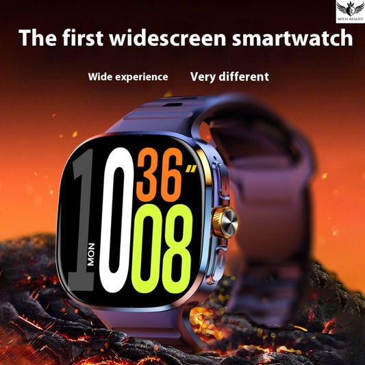 Smartwatch with a large display on a fiery background, labeled as 'The first widescreen smartwatch'.
