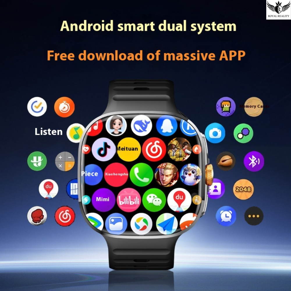 Smartwatch with app icons on a dark background, highlighting Android smart dual system and free app downloads.