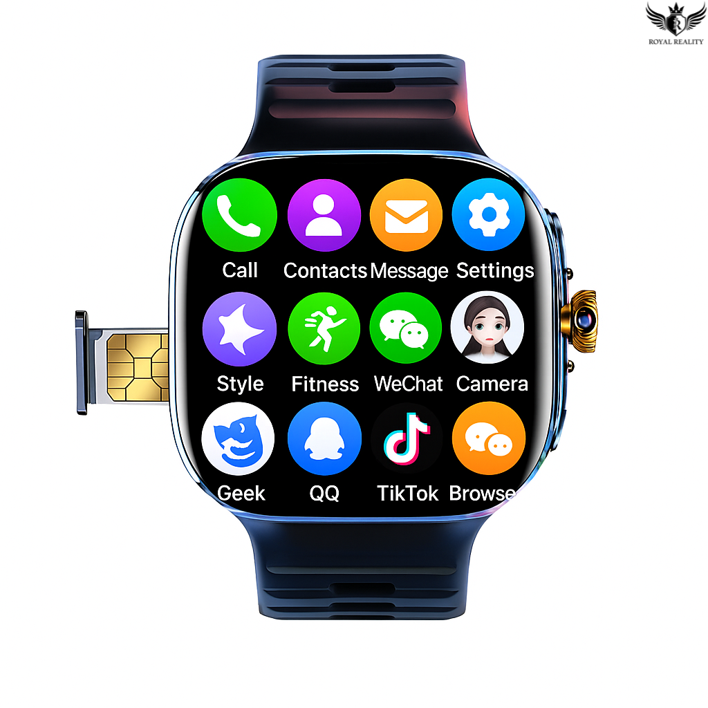 Smartwatch with app icons on the screen on a white background