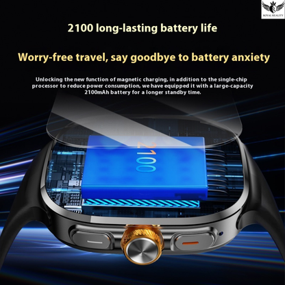 Smartwatch with a large battery display and text about long-lasting battery life.