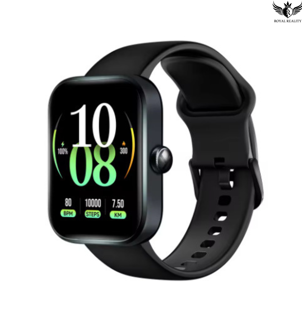 Black smartwatch with a digital display on a white background