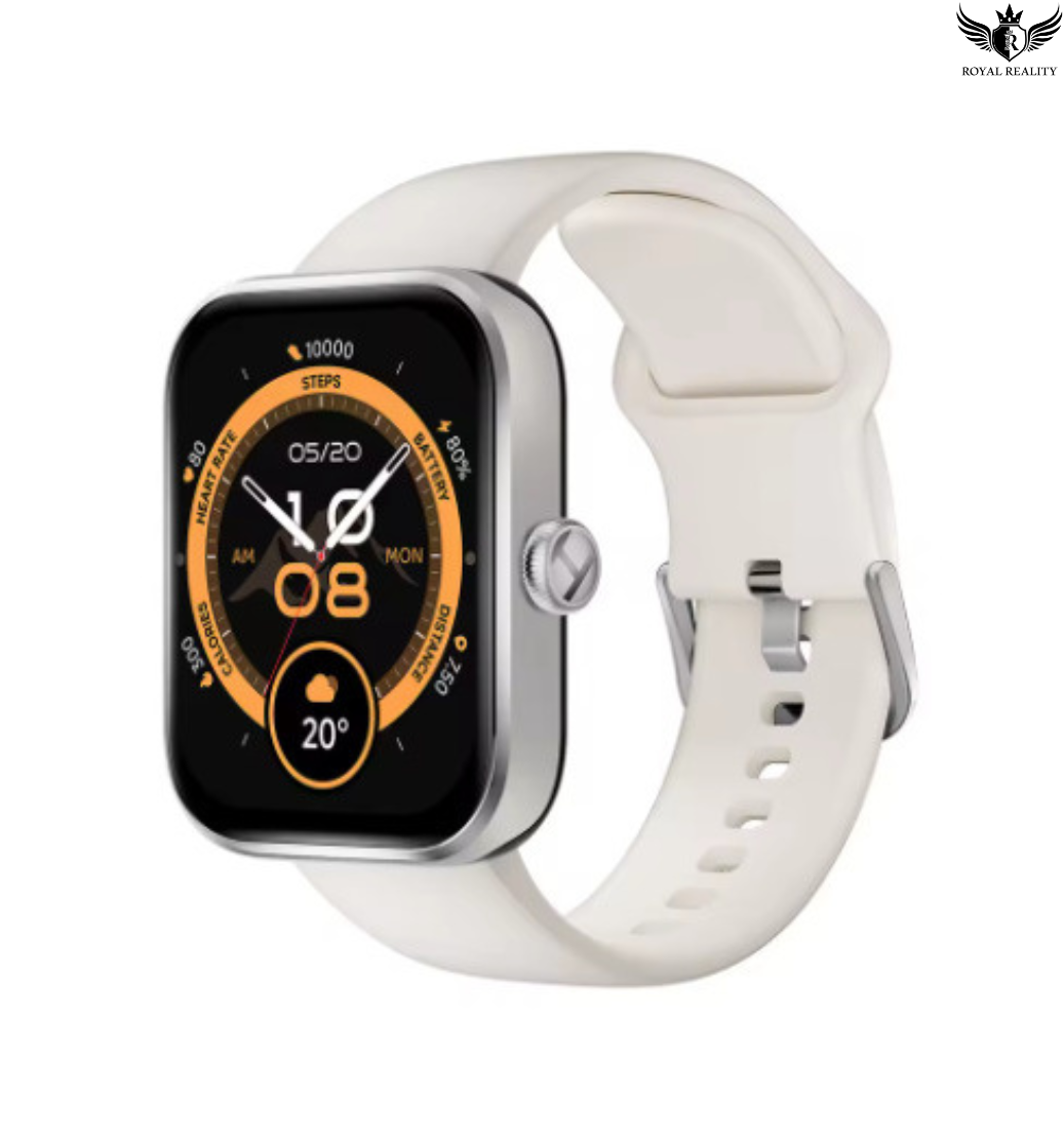 Smartwatch with a white band on a white background, branded 'Royal Reality'.