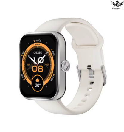 Smartwatch with a white band on a white background, branded 'Royal Reality'.