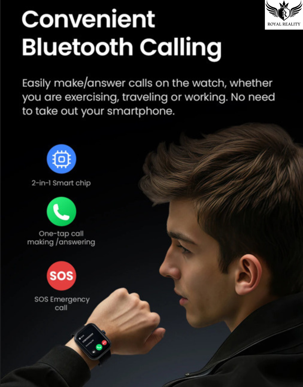 Person using a smartwatch with text about convenient Bluetooth calling features on a dark background