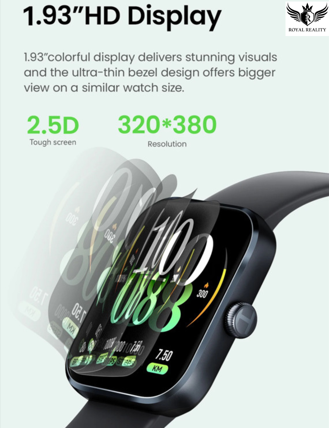 Smartwatch with a clear screen protector displaying screen specifications on a white background.