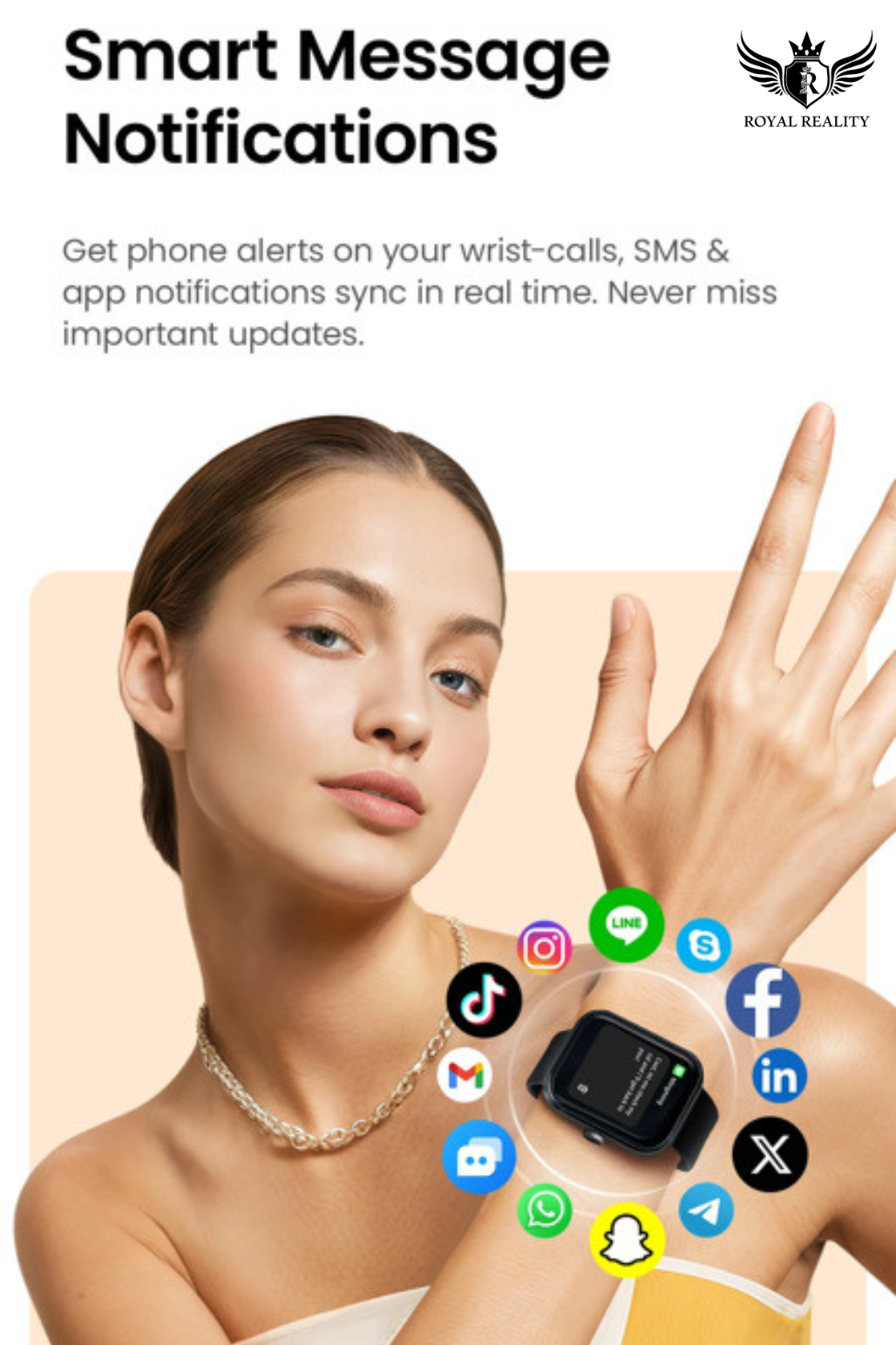 Woman wearing a smartwatch with various app icons displayed on a beige background