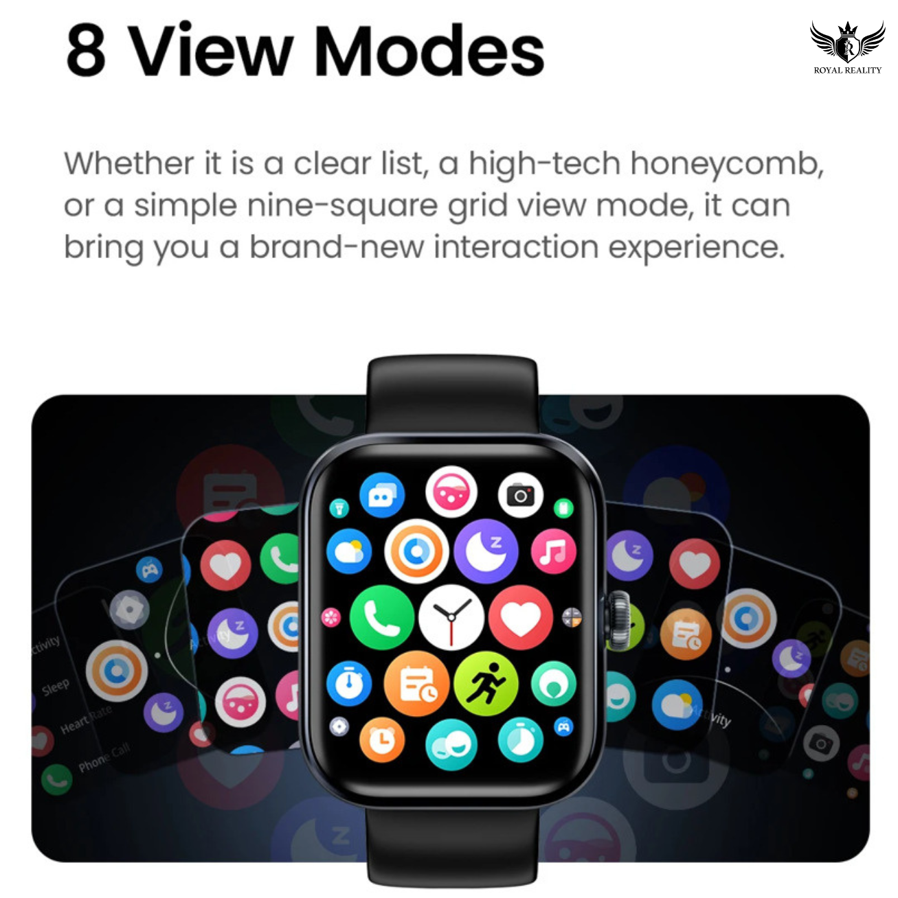 Smartwatch with colorful app icons on a black background, featuring text about 8 view modes.