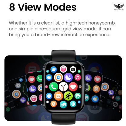 Smartwatch with colorful app icons on a black background, featuring text about 8 view modes.