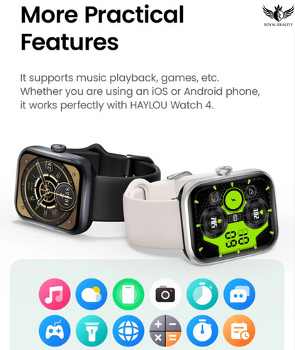 Two smartwatches with app icons at the bottom on a white background
