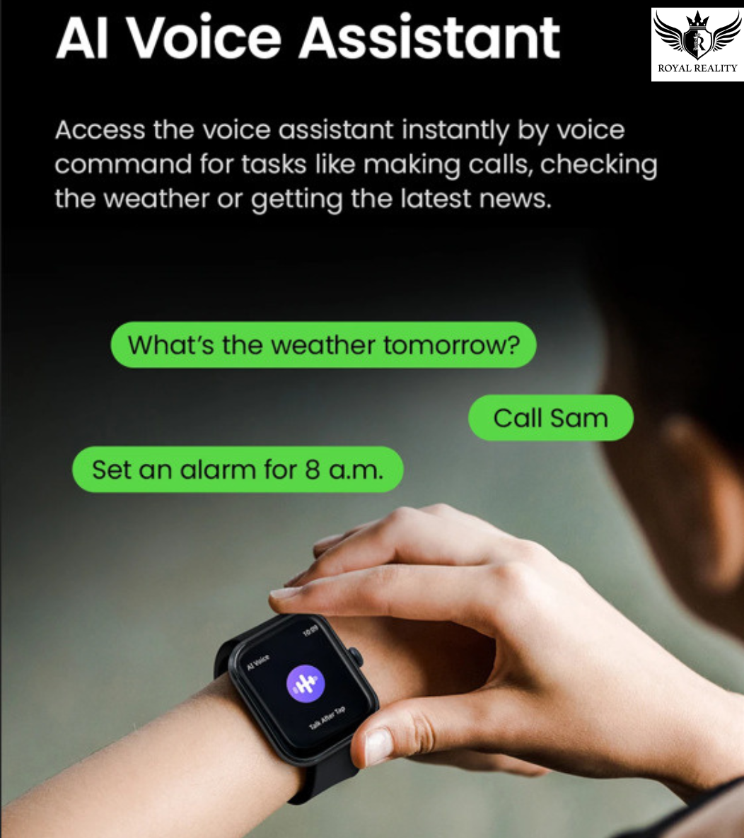 Smartwatch with AI voice assistant app on a dark background