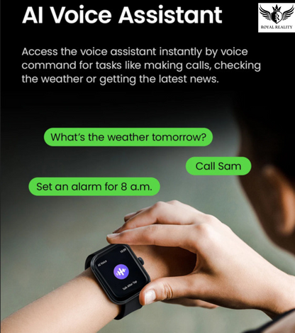 Smartwatch with AI voice assistant app on a dark background