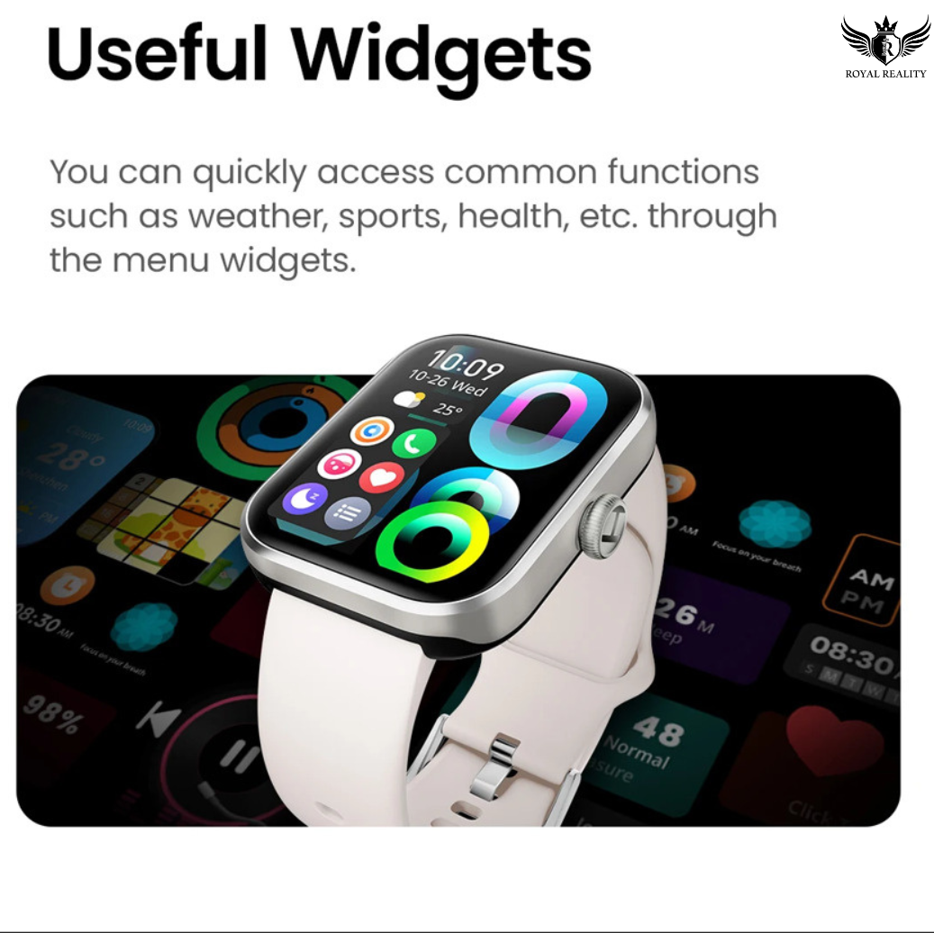 Smartwatch with colorful display on a blurred background, featuring text about menu widgets.