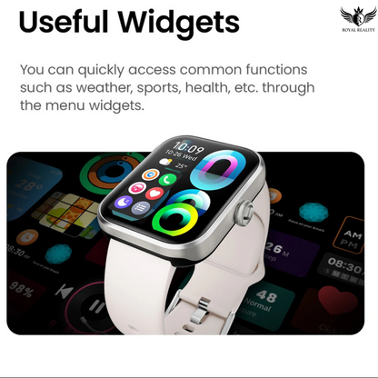 Smartwatch with colorful display on a blurred background, featuring text about menu widgets.