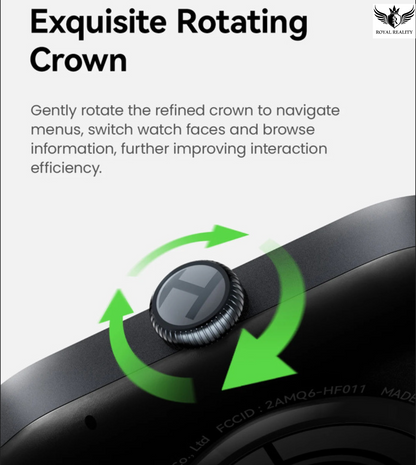 Watch with a rotating crown feature, labeled 'Exquisite Rotating Crown', on a white background.