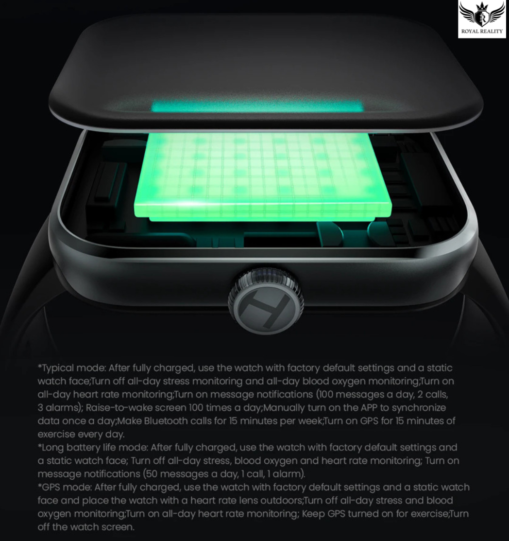 Smartwatch with a green screen and text on a black background