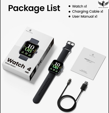 Smart watch with packaging, charging cable, and user manual on a white background