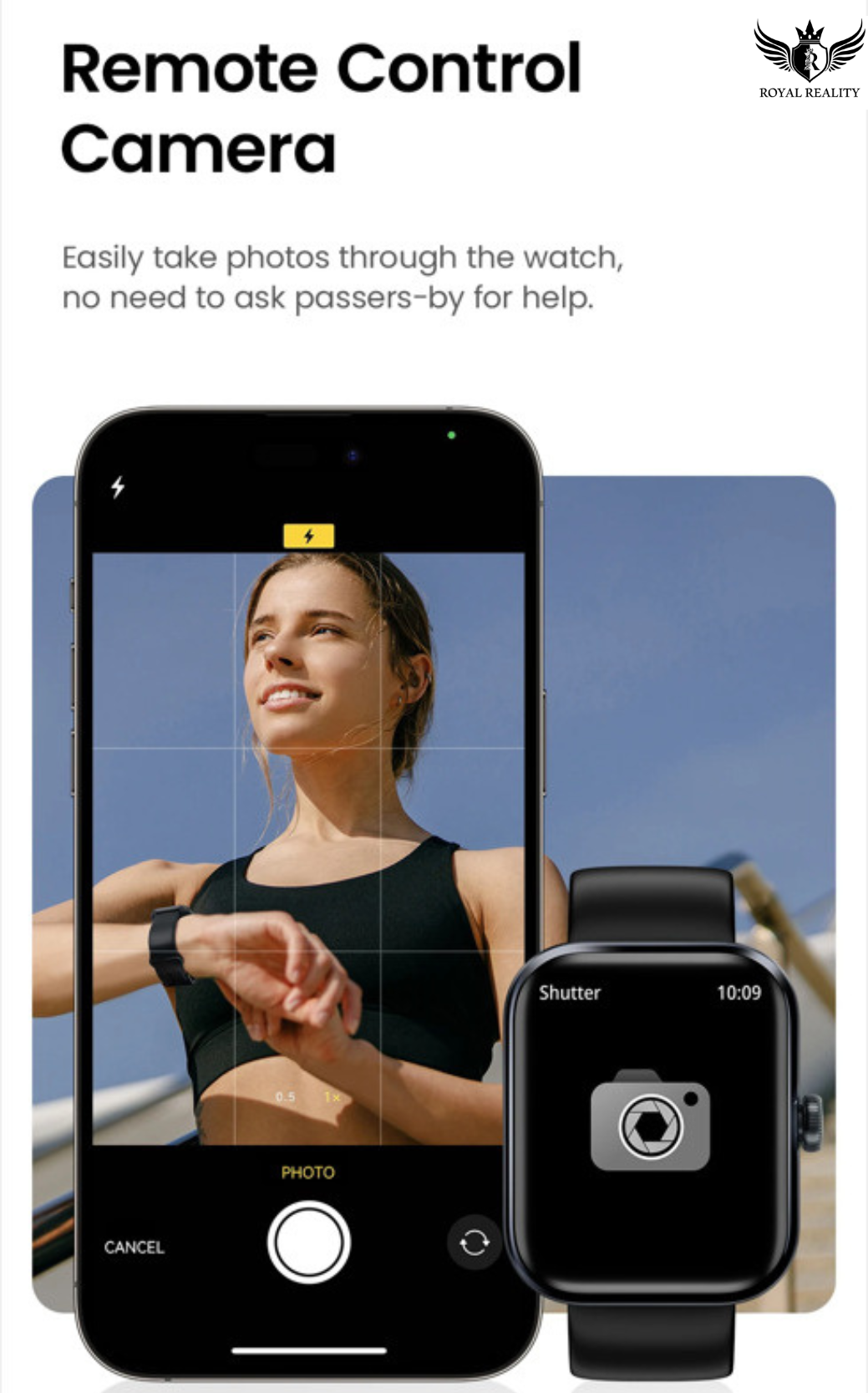 Smartphone and smartwatch displaying a photo-taking app with a woman using the watch.