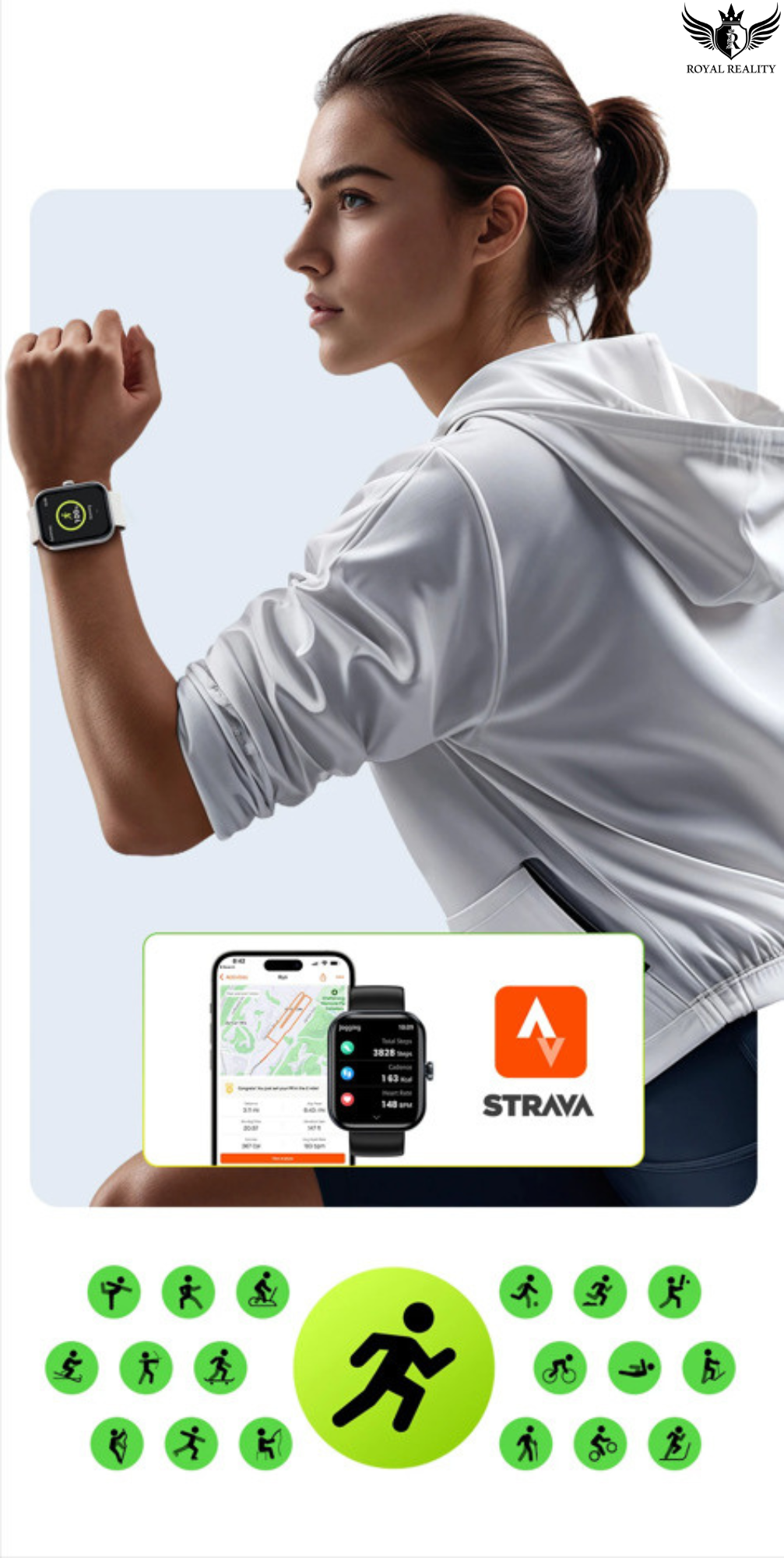 Woman wearing a smartwatch with Strava logo and app icons displayed.