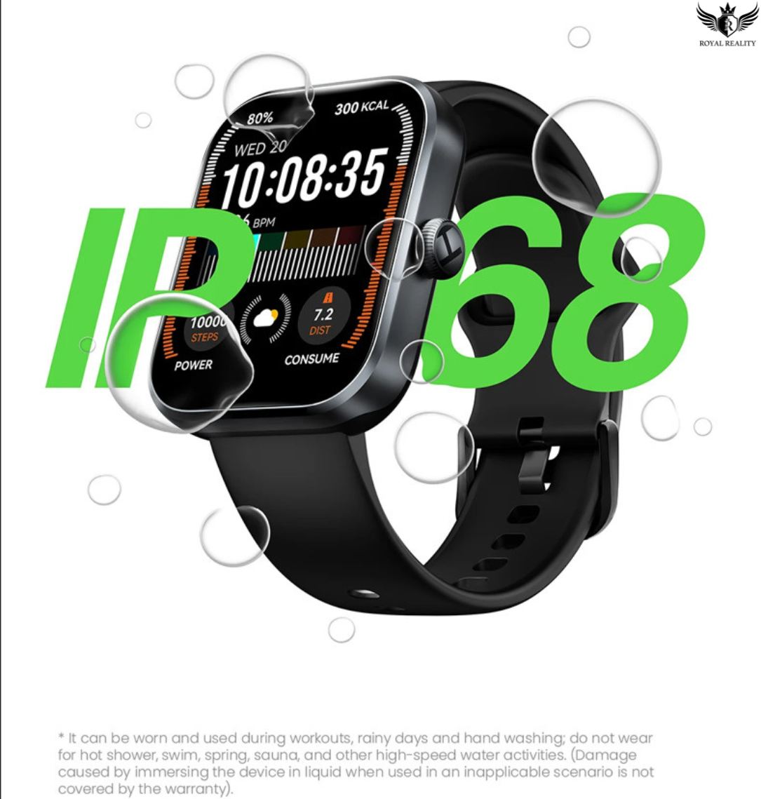 Smartwatch with black band and digital display on a white background, featuring the text 'IP68'.