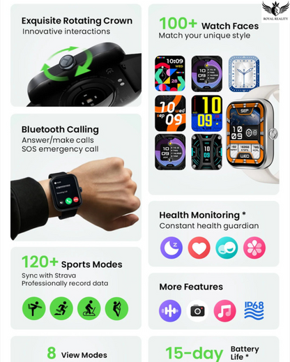 Smartwatch features including exquisitely rotating crown, 100+ watch faces, Bluetooth calling, health monitoring, sports modes, and more on a white background.