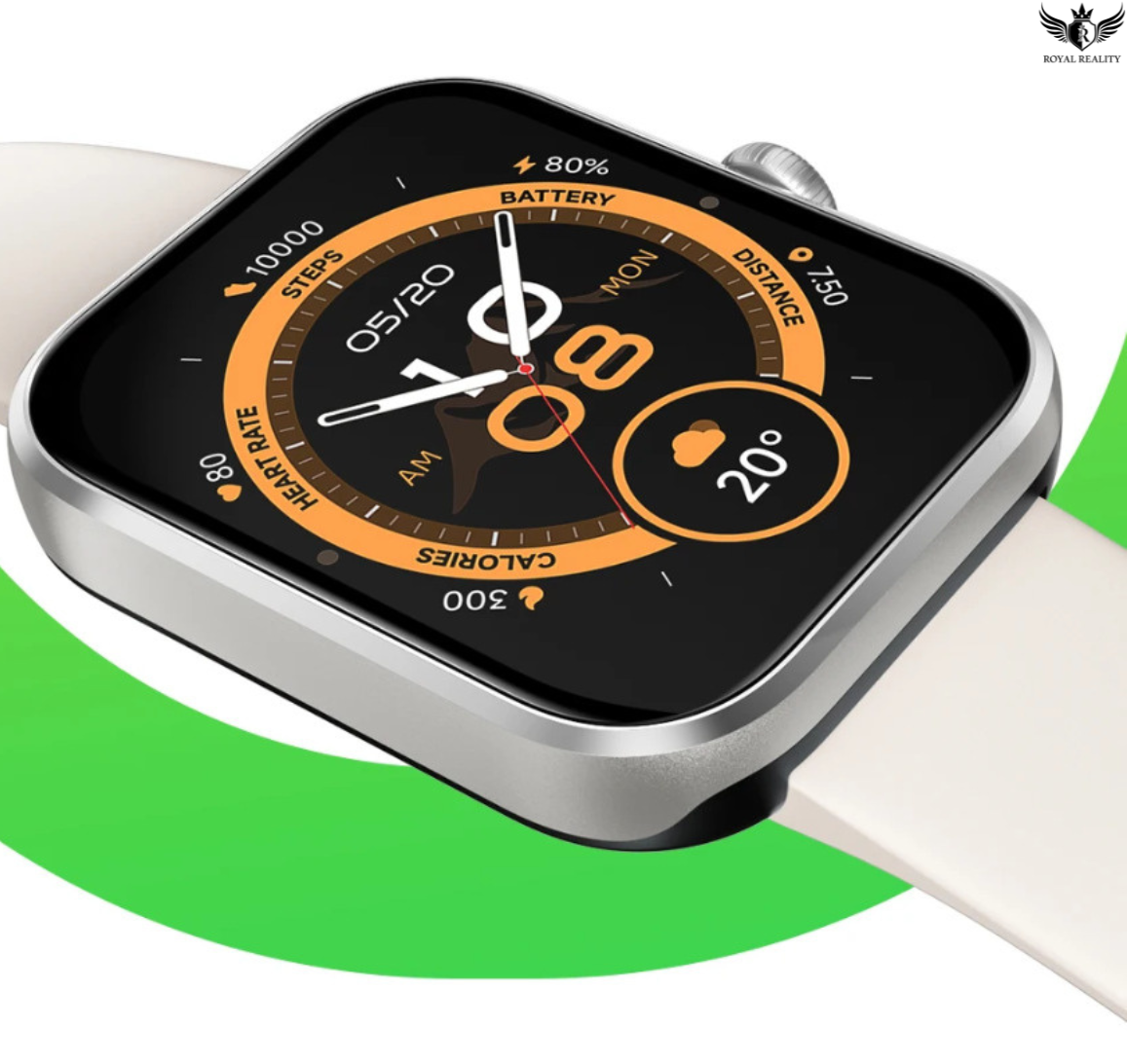 Smartwatch with a white band on a green background
