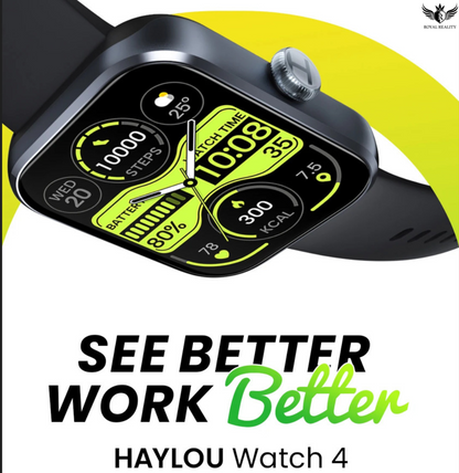 Smartwatch with digital display on a yellow and white background, featuring the brand 'Haylou'.